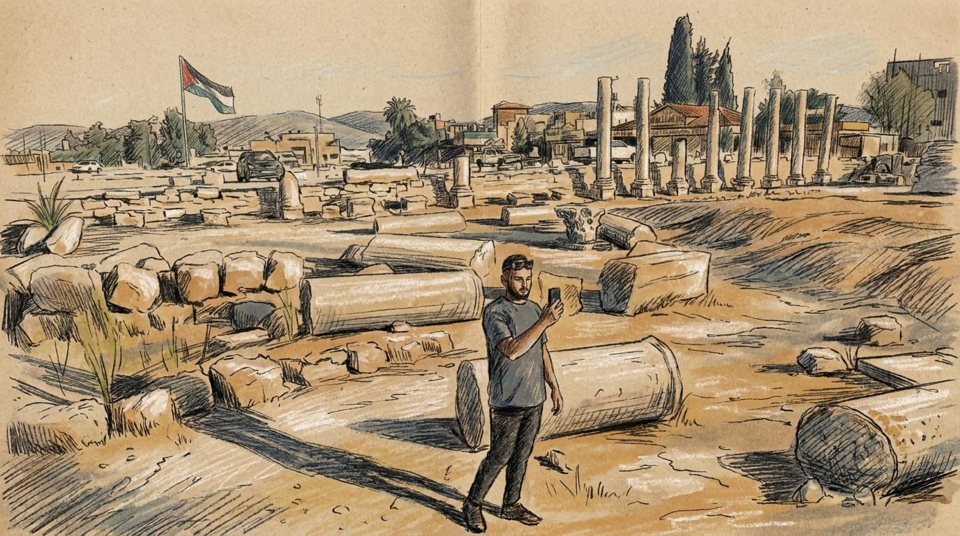 Courtroom-sketch editorial illustration of a visitor photographing Sebastia's ancient stone ruins and colonnade with a Palestinian flag and surrounding hills behind the site