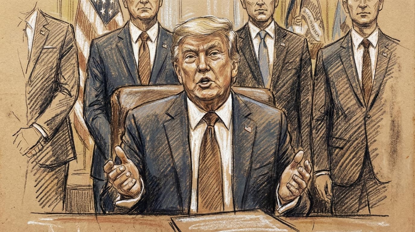 Courtroom-sketch editorial illustration of President Donald Trump gesturing at the Resolute Desk as suited advisers stand behind him