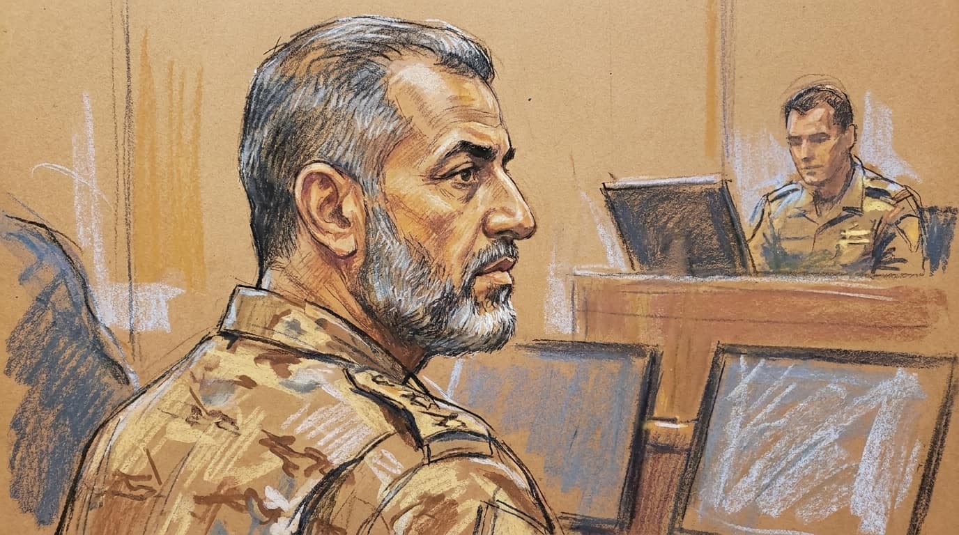 Courtroom-sketch editorial illustration of Mohammed Odeh in tan camouflage inside a military operations room with monitors and a uniformed figure behind him