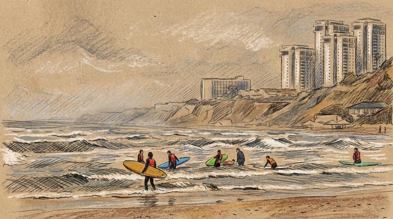 Courtroom-sketch editorial illustration of surfers carrying colorful boards into rough Mediterranean waves below hazy coastal cliffs and high-rise buildings