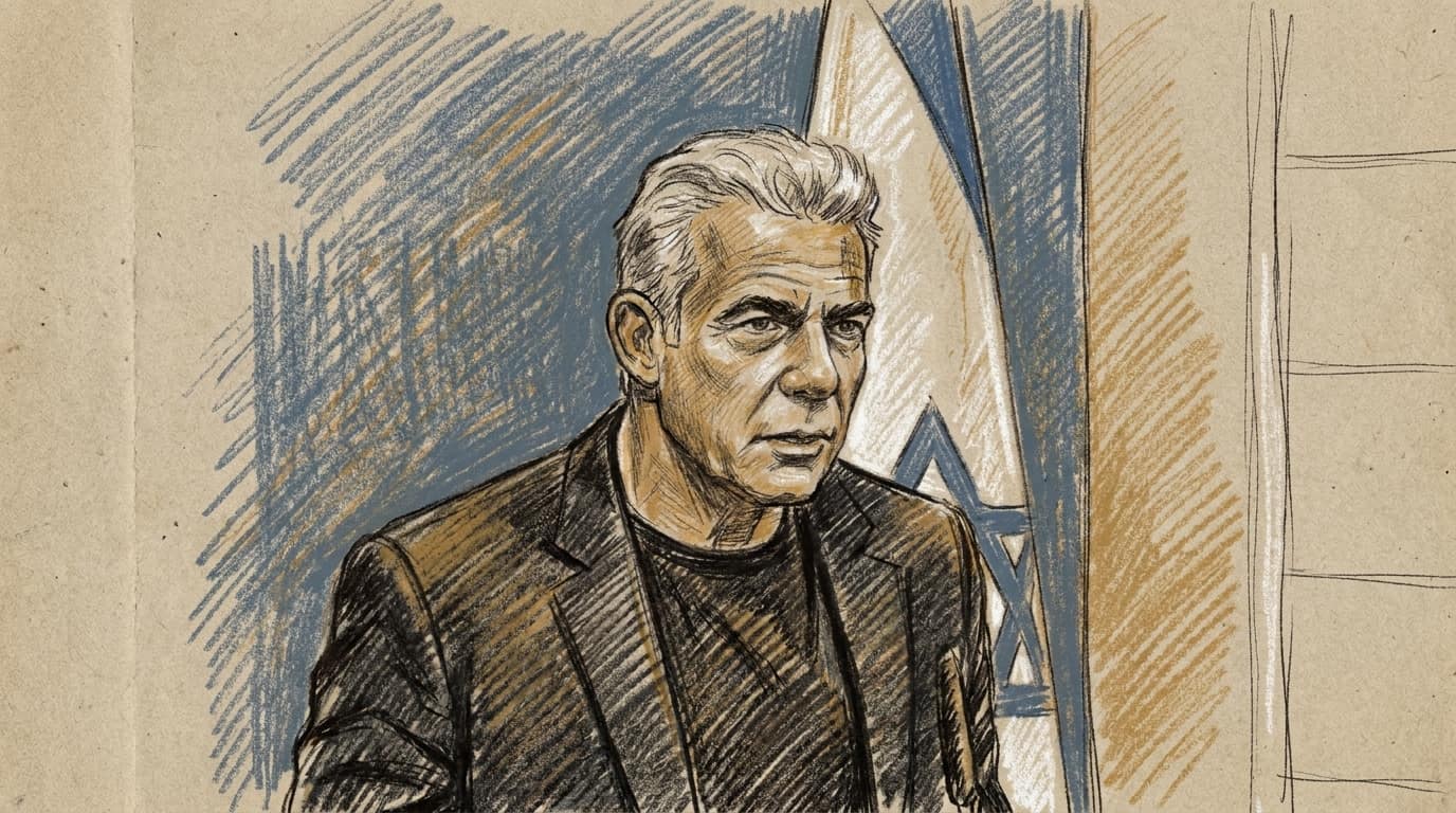 Courtroom-sketch editorial illustration of Yair Lapid standing before a blue backdrop and an Israeli flag
