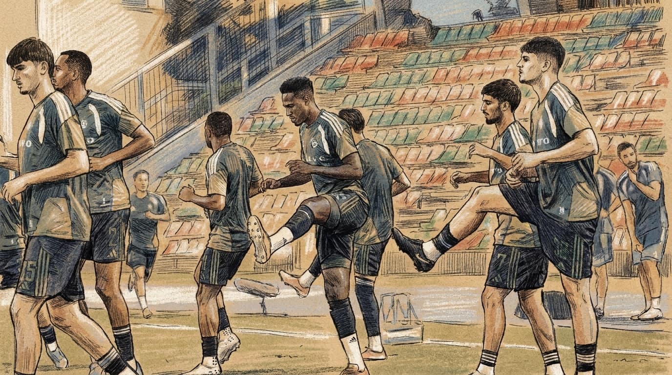 Courtroom-sketch editorial illustration of Maccabi Haifa footballers in green training kits warming up on a stadium pitch, with Pedrão lifting one leg at center