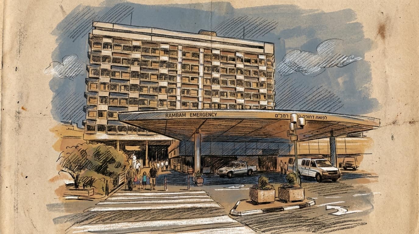 Courtroom-sketch editorial illustration of the Rambam Health Care Campus emergency entrance in Haifa, with the hospital tower, pedestrians, emergency vehicles and a foreground crosswalk