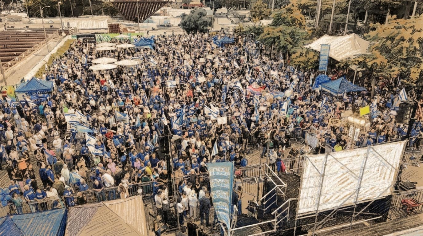 Editorial illustration of a dense election-rally crowd filling Rabin Square beneath Israeli flags and blue campaign tents.