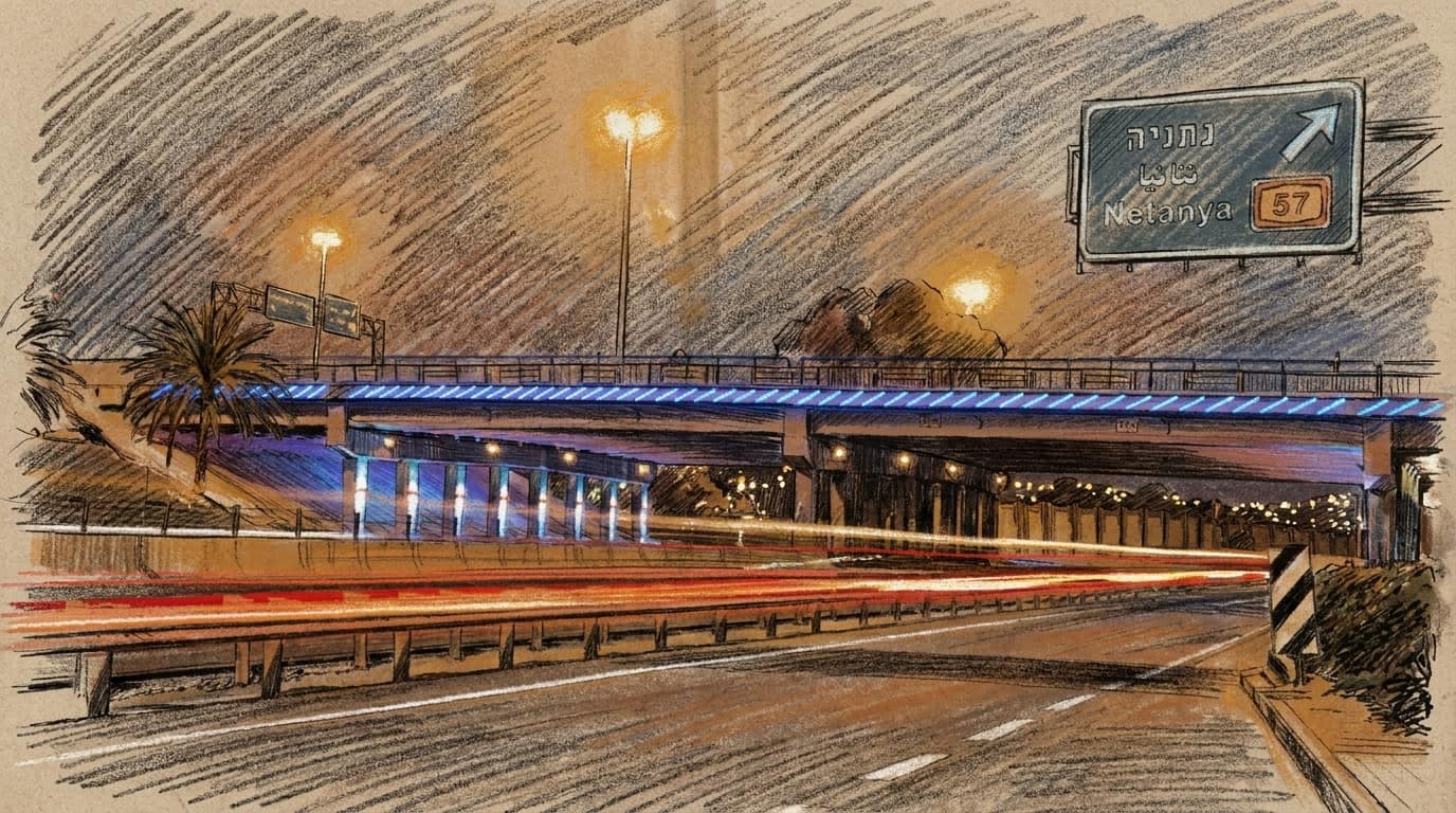 Courtroom-sketch editorial illustration of the illuminated Route 57 interchange at night, with an overhead bridge, highway light trails and tall streetlights