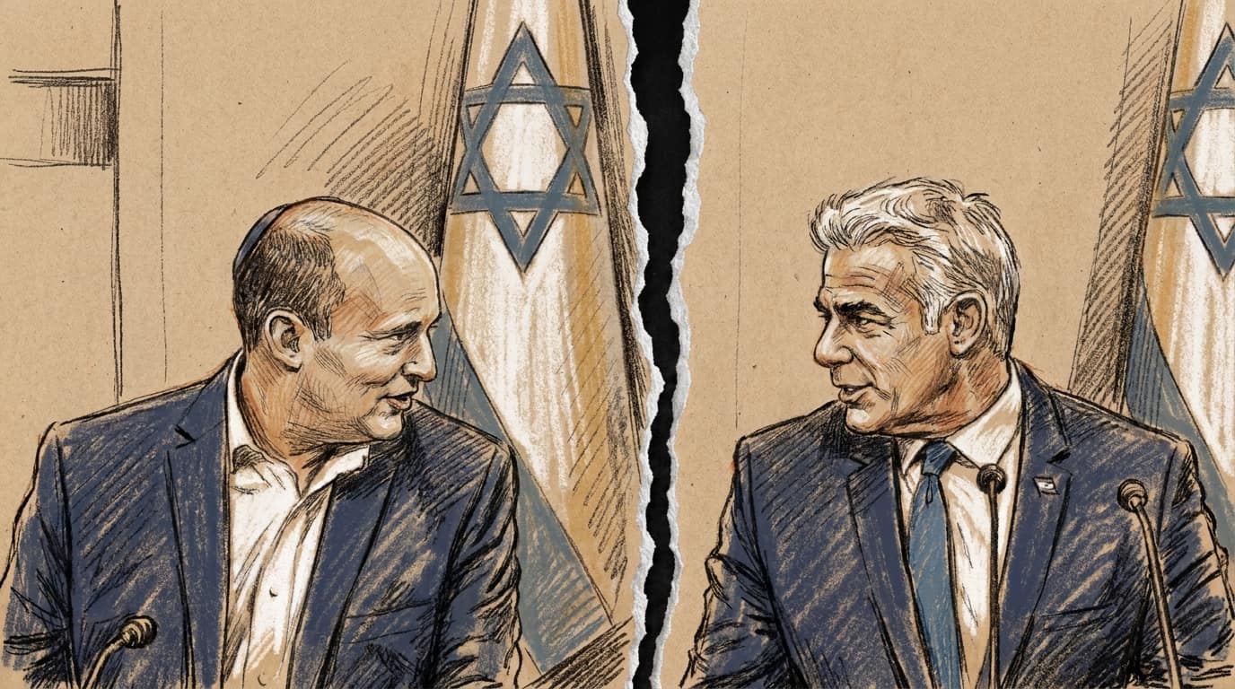 Courtroom-sketch editorial illustration of Naftali Bennett and Yair Lapid seated at microphones, facing each other with Israeli flags behind them and a torn-paper split between them