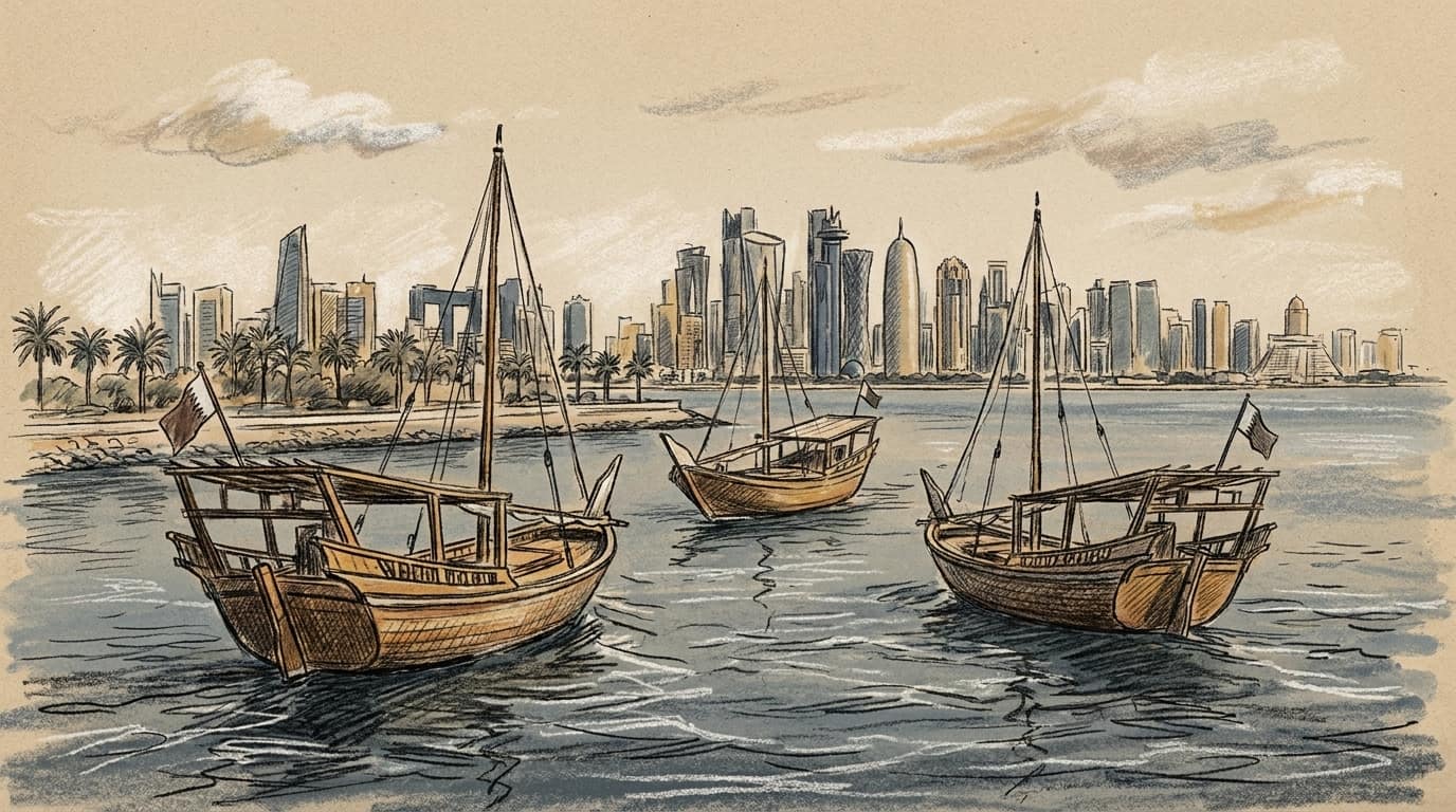 Courtroom-sketch editorial illustration of three traditional wooden dhows on the water before Doha's skyline