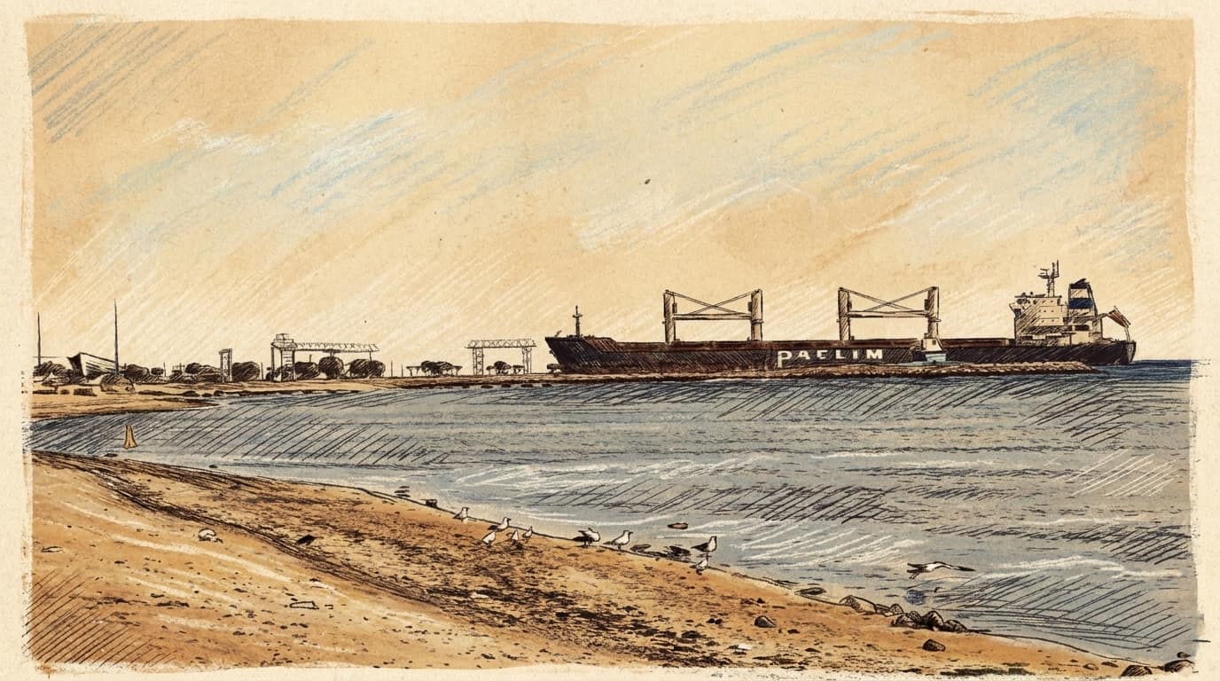 Courtroom-sketch editorial illustration of a cargo ship passing Yanbu's Red Sea shoreline as seabirds gather along the beach