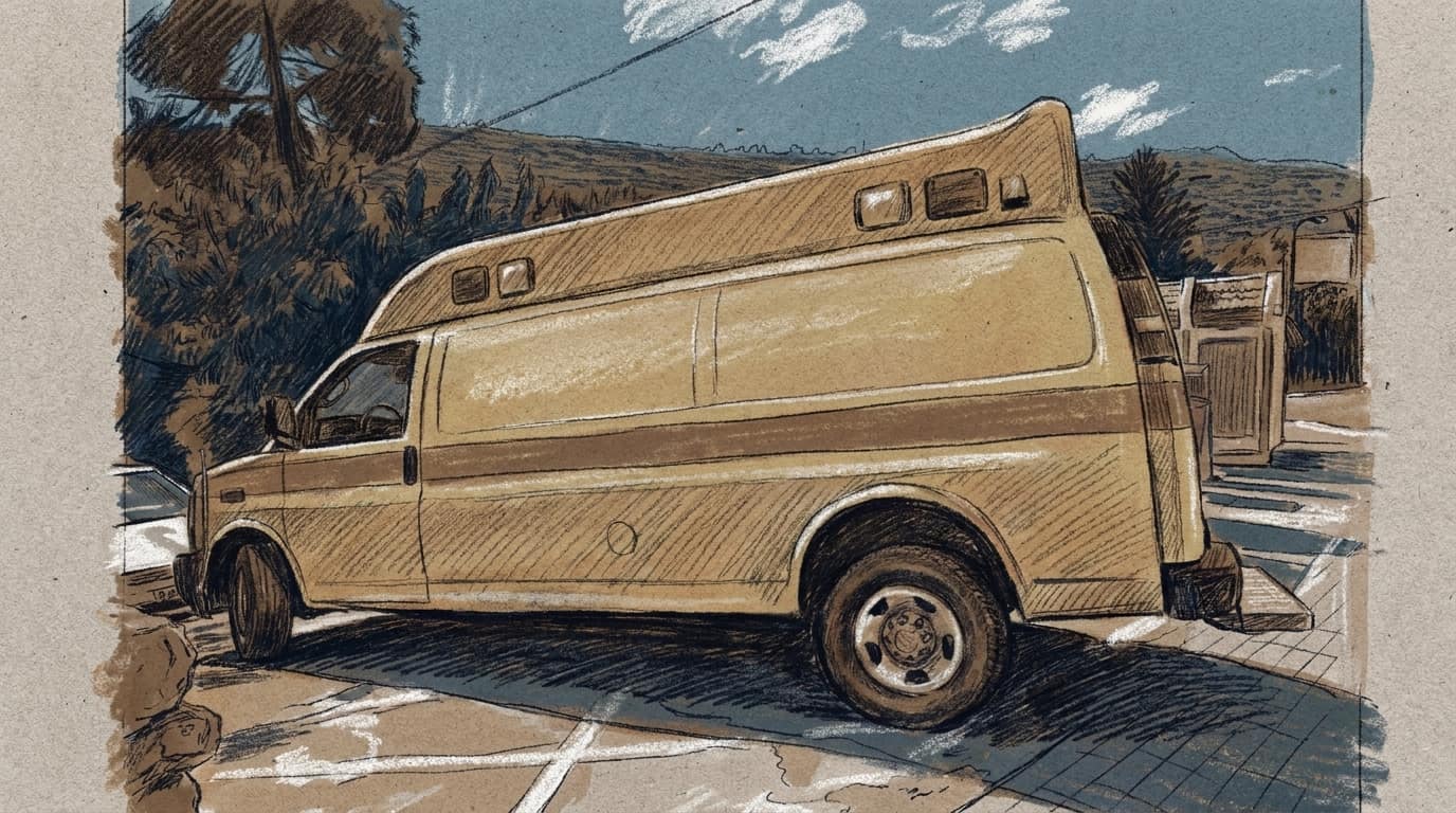 Courtroom-sketch editorial illustration of a yellow Magen David Adom mobile intensive care ambulance parked outdoors beneath a blue sky