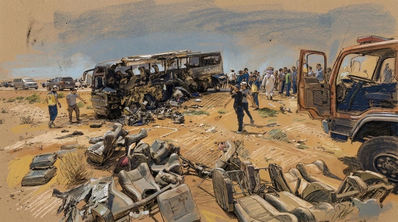 Courtroom-sketch editorial illustration of a burned passenger bus, scattered seats and debris, an emergency vehicle, responders and bystanders at a desert crash scene