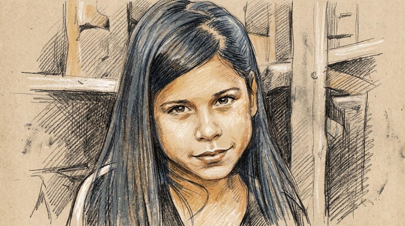 Courtroom-sketch editorial illustration of a young Tair Rada with long dark hair looking directly at the viewer