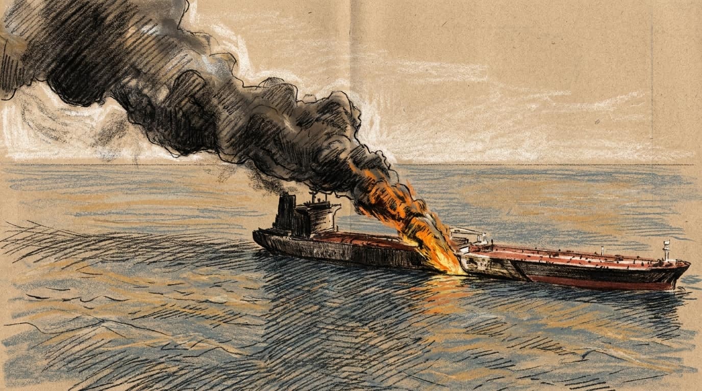 Courtroom-sketch editorial illustration of an oil tanker burning beside a dark cargo vessel on the Gulf of Oman, with flames and thick black smoke over the sea