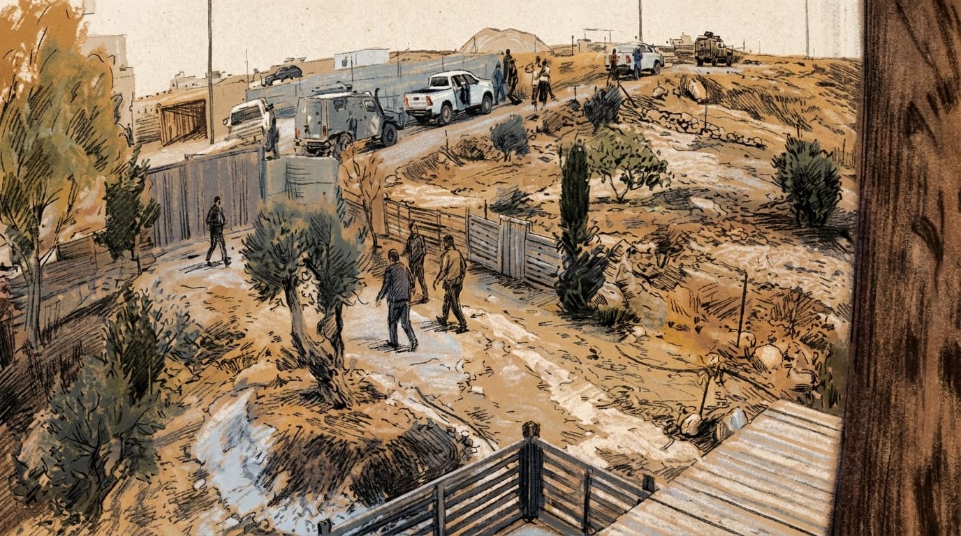 Courtroom-sketch editorial illustration of people moving along a rocky farm lane near Susya as vehicles gather on a ridge road