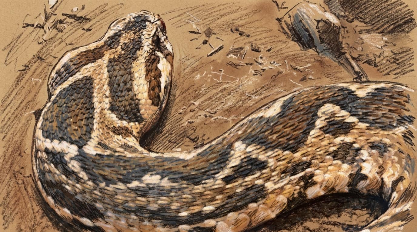 Courtroom-sketch editorial illustration of a thick patterned snake coiled across dry earth
