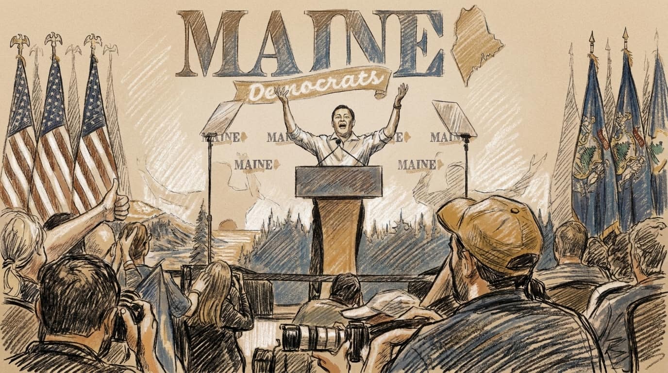 Courtroom-sketch editorial illustration of Troy Jackson raising both arms behind a convention podium as photographers face the stage