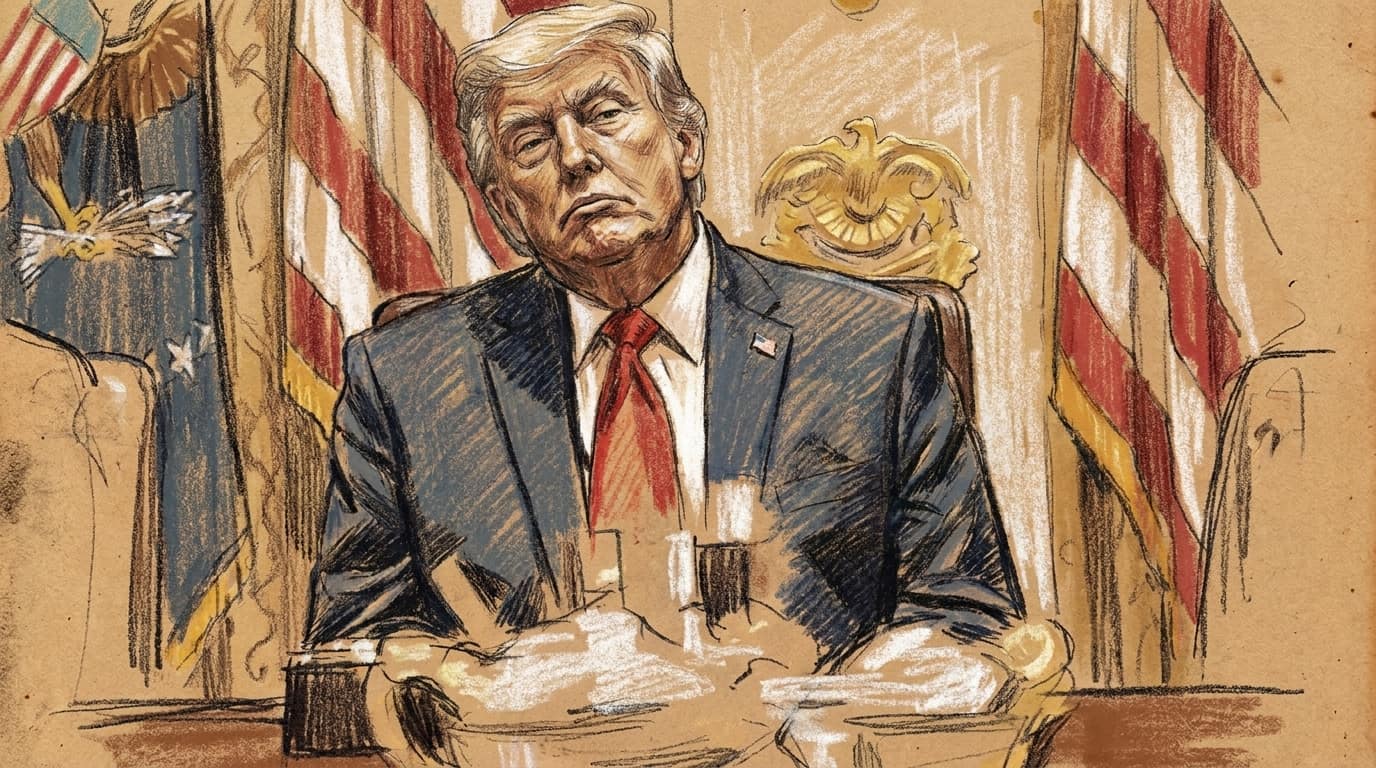 Courtroom-sketch editorial illustration of President Donald Trump seated at a White House conference table between American flags