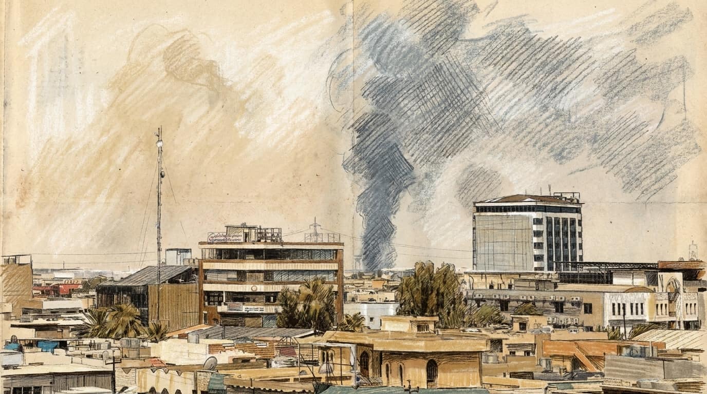 Courtroom-sketch editorial illustration of Bandar Abbas rooftops and modern buildings with a tall gray smoke plume rising in the distance