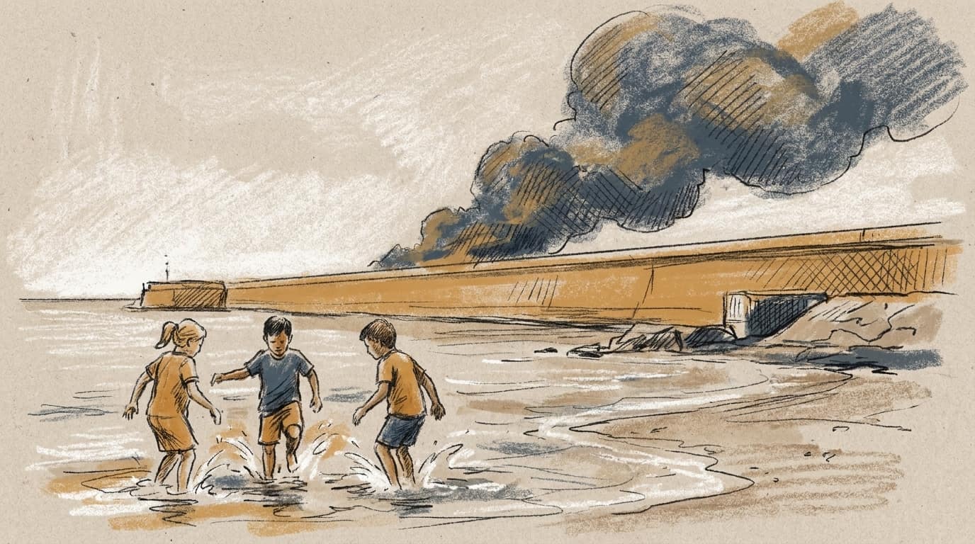 Courtroom-sketch editorial illustration of three children wading in the Strait of Hormuz as smoke rises beyond a seawall