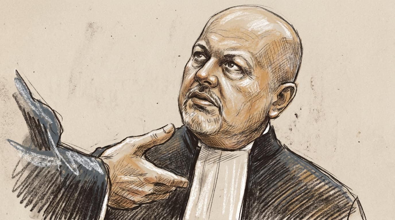 Courtroom-sketch editorial illustration of Karim Khan in court dress looking upward while another figure gestures toward him