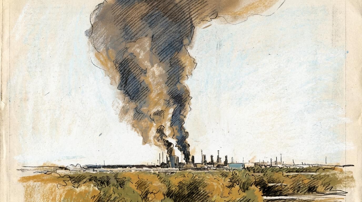 Courtroom-sketch editorial illustration of a distant industrial complex beneath a towering column of dark smoke