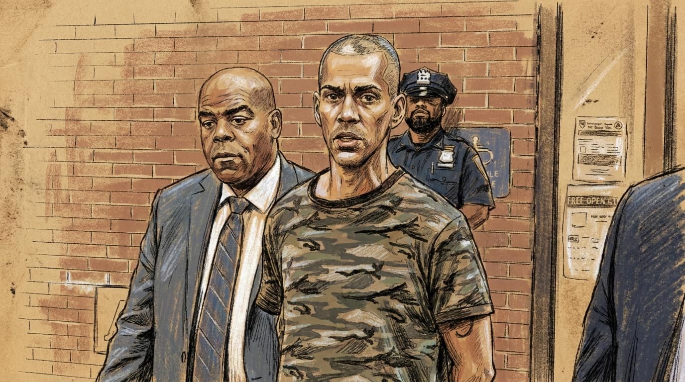 Courtroom-sketch editorial illustration of Raul Morales in a camouflage shirt being escorted from an NYPD precinct by police officers