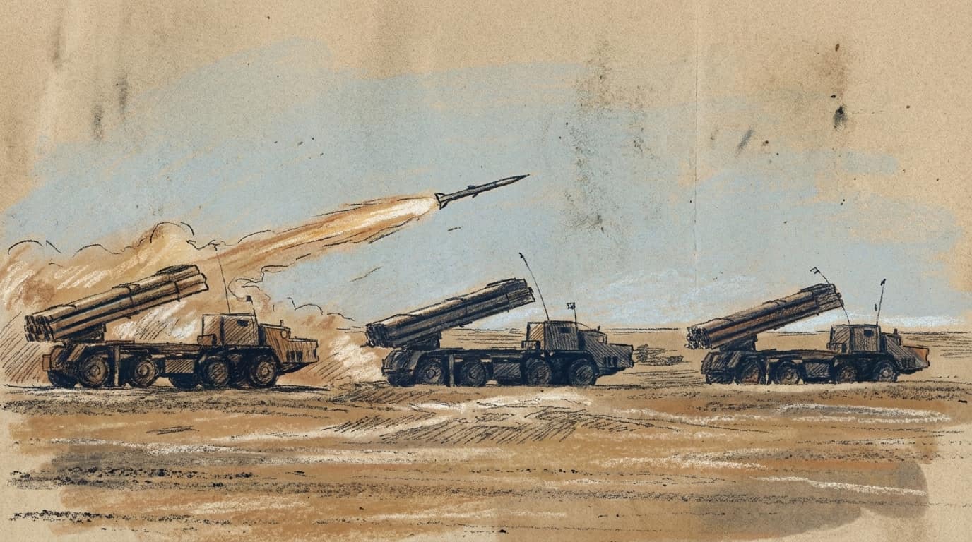 Courtroom-sketch editorial illustration of three mobile missile launchers in a desert, with one launcher firing into the sky