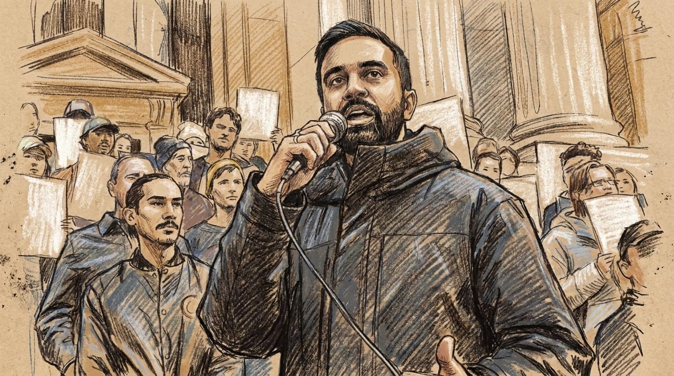 Courtroom-sketch editorial illustration of Zohran Mamdani speaking into a handheld microphone before a crowd outside a civic building