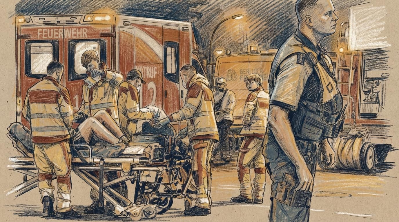 Courtroom-sketch editorial illustration of Berlin paramedics treating an injured person beside ambulances after the Pride attack