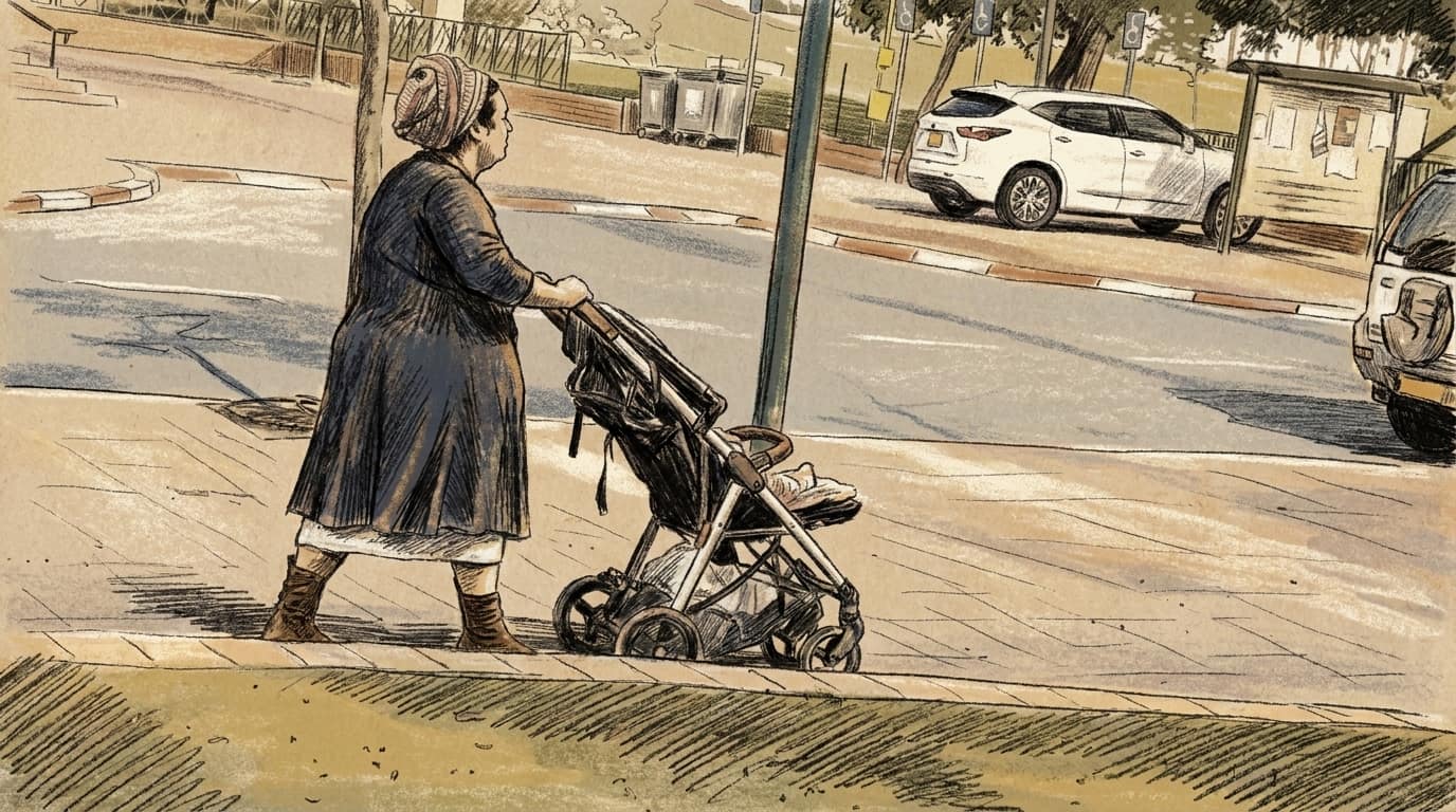 Courtroom-sketch editorial illustration of a woman in a head covering pushing a stroller along a Yeruham sidewalk beside a quiet road