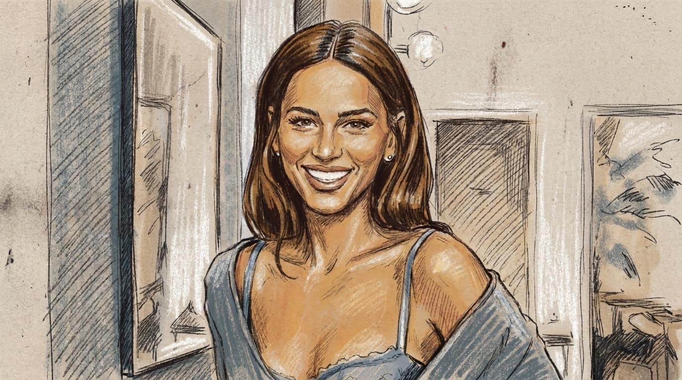 Courtroom-sketch editorial illustration of Corin Gideon smiling in a bright indoor setting