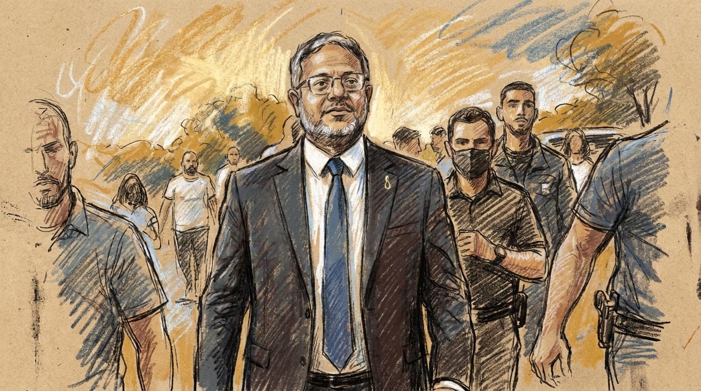 Courtroom-sketch editorial illustration of Itamar Ben Gvir walking outdoors in a dark suit and blue tie with security personnel and onlookers behind him