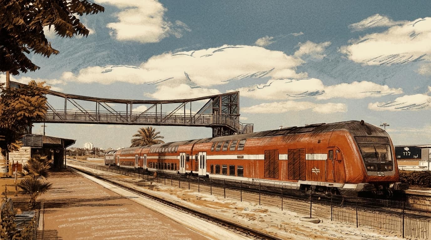 Courtroom-sketch editorial illustration of a red double-decker Israel Railways passenger train beside the platform at Lod station beneath a pedestrian bridge