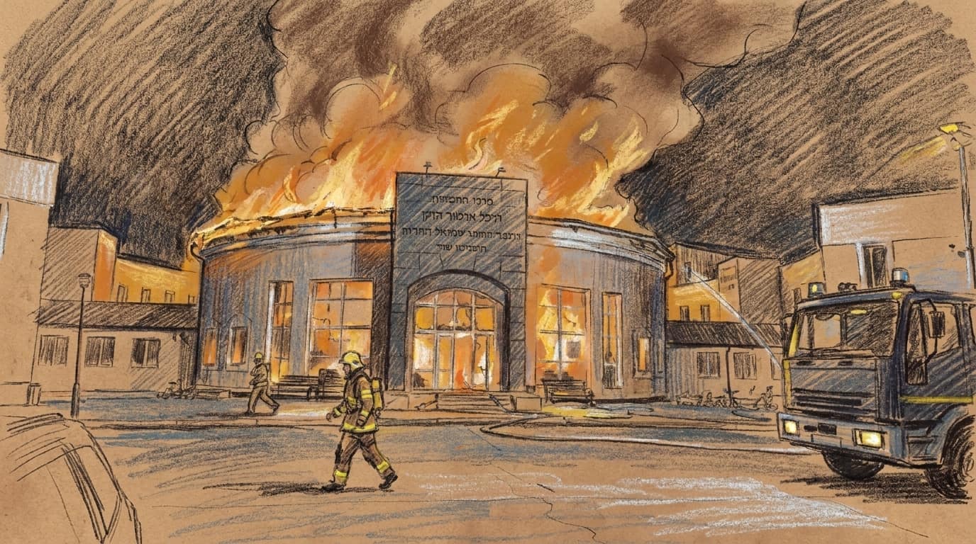 Courtroom-sketch editorial illustration of the Chabad founder's gravesite complex in Hadiach burning at night as a firefighter crosses in front of a fire engine
