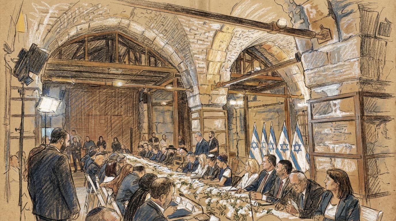 Courtroom-sketch editorial illustration of the Israeli cabinet seated around a formal meeting table beneath historic stone arches and Israeli flags