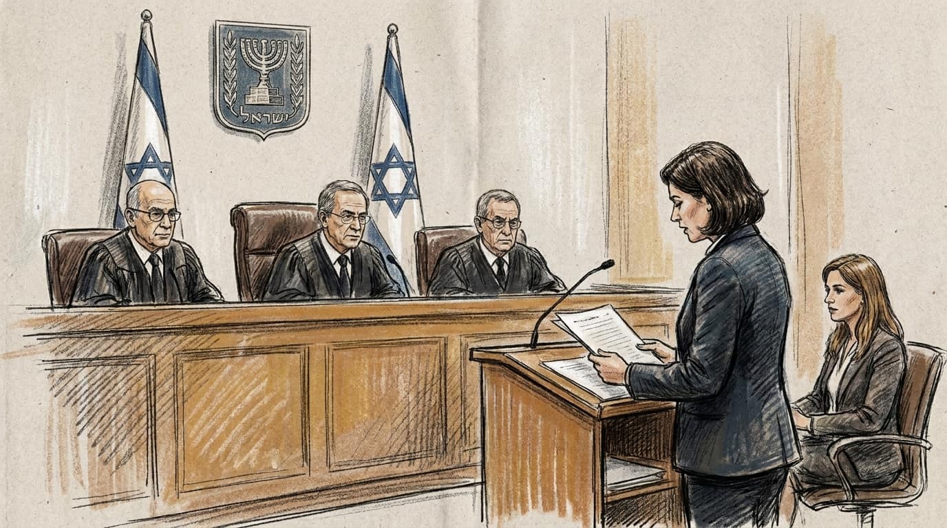 Courtroom-sketch editorial illustration of three Israeli High Court justices hearing counsel beneath Israeli flags and the state emblem