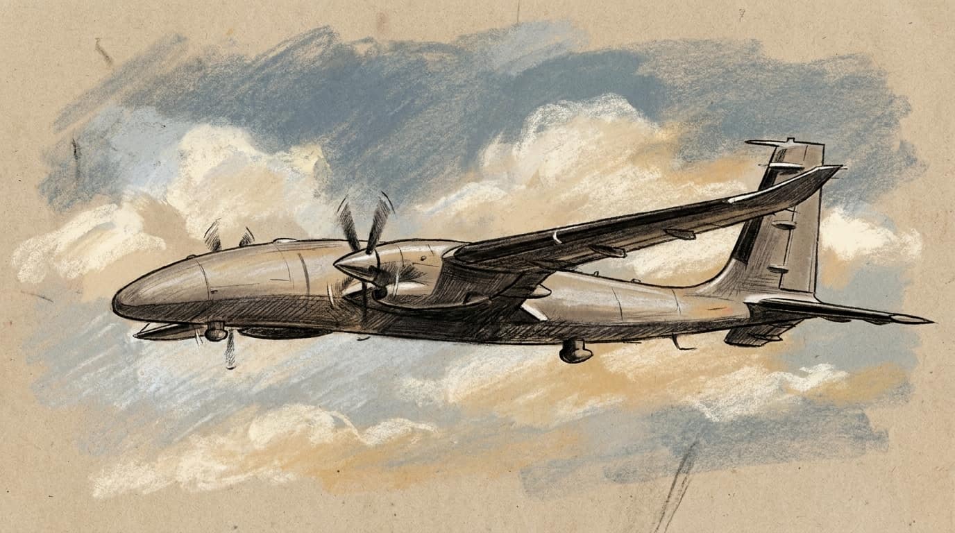 Courtroom-sketch editorial illustration of a Turkish-made twin-propeller Akinci drone flying in side profile through ochre and slate clouds