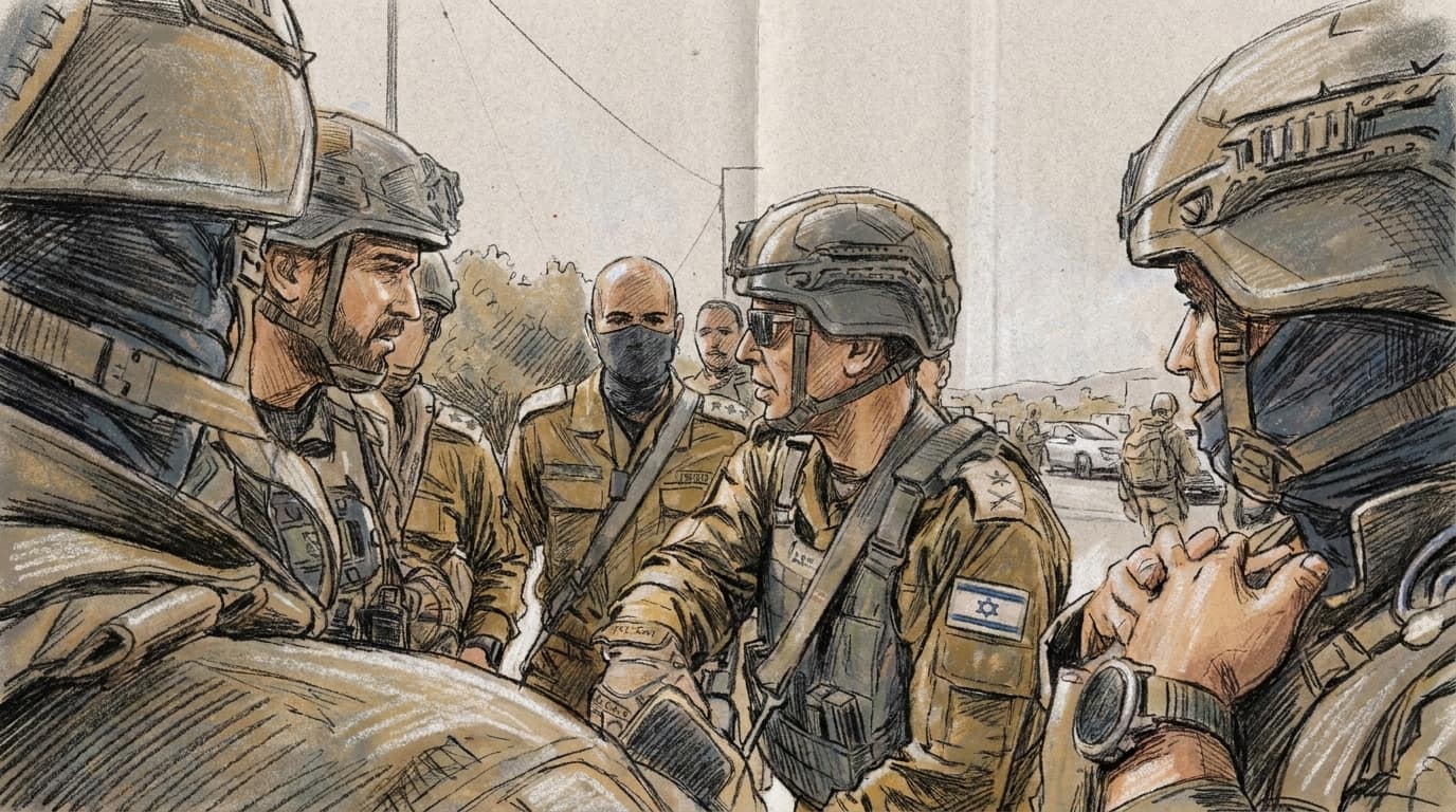 Courtroom-sketch editorial illustration of helmeted IDF personnel gathered closely around a central officer on a road in Judea and Samaria