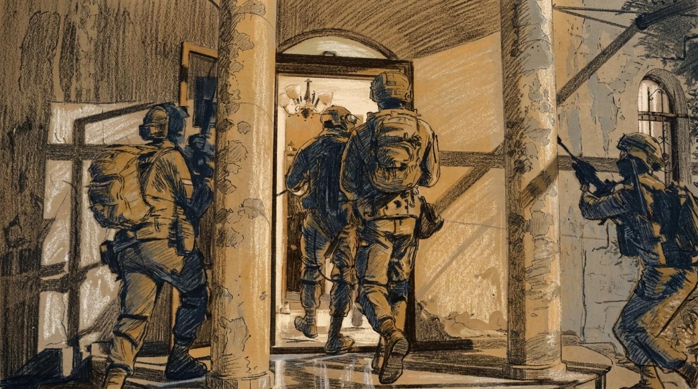 Courtroom-sketch editorial illustration of IDF soldiers entering a dimly lit building during a nighttime operation