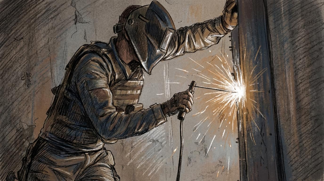Courtroom-sketch editorial illustration of a masked Israeli soldier cutting through a metal doorway as sparks scatter