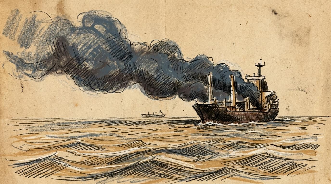 Courtroom-sketch editorial illustration of a damaged oil tanker trailing a long plume of black smoke across open water