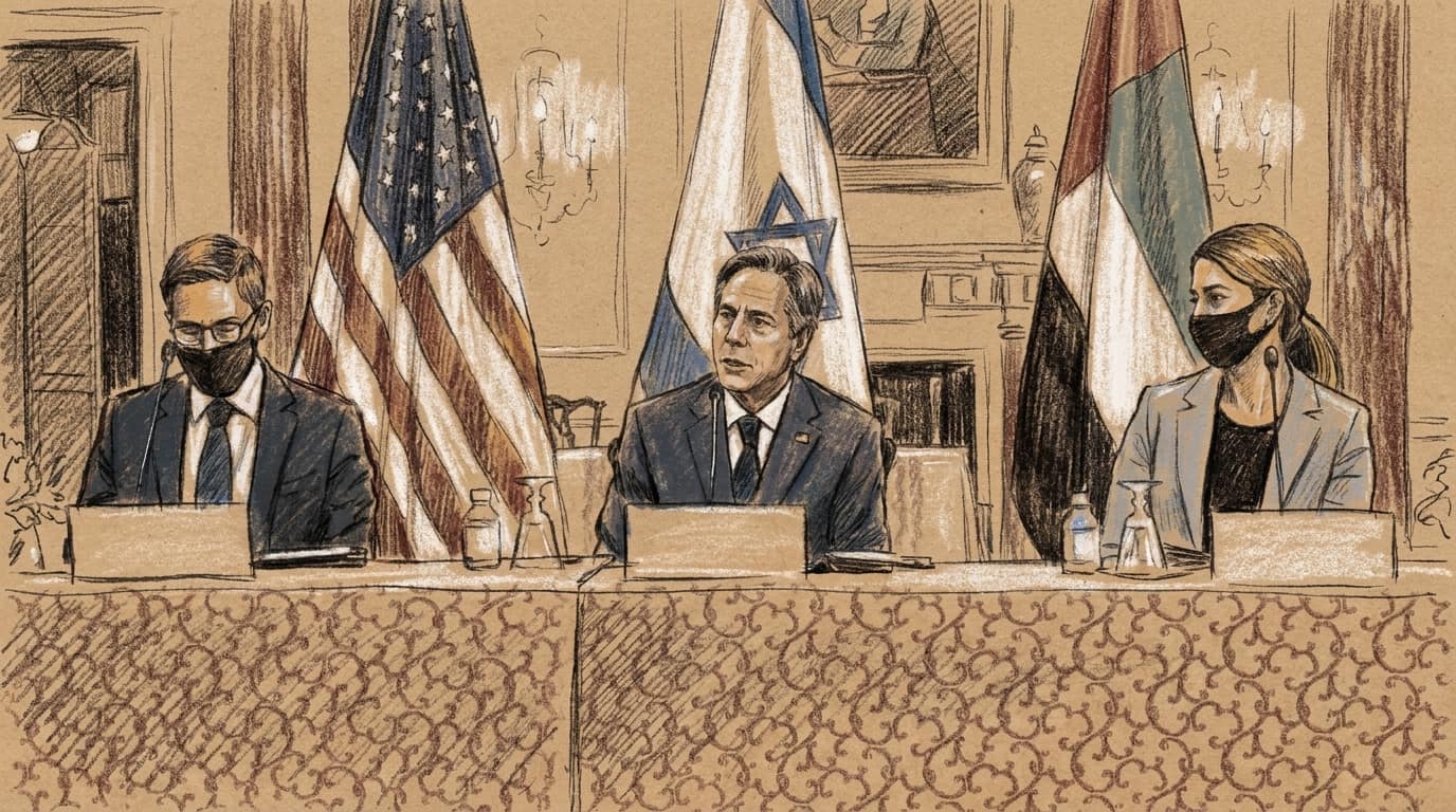 Courtroom-sketch editorial illustration of U.S., Israeli and Emirati officials seated beneath their national flags at a trilateral meeting