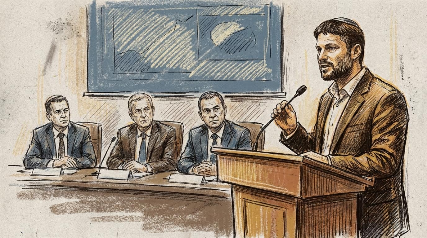Courtroom-sketch editorial illustration of Finance Minister Bezalel Smotrich speaking at a wooden podium while three officials sit behind him at a conference table