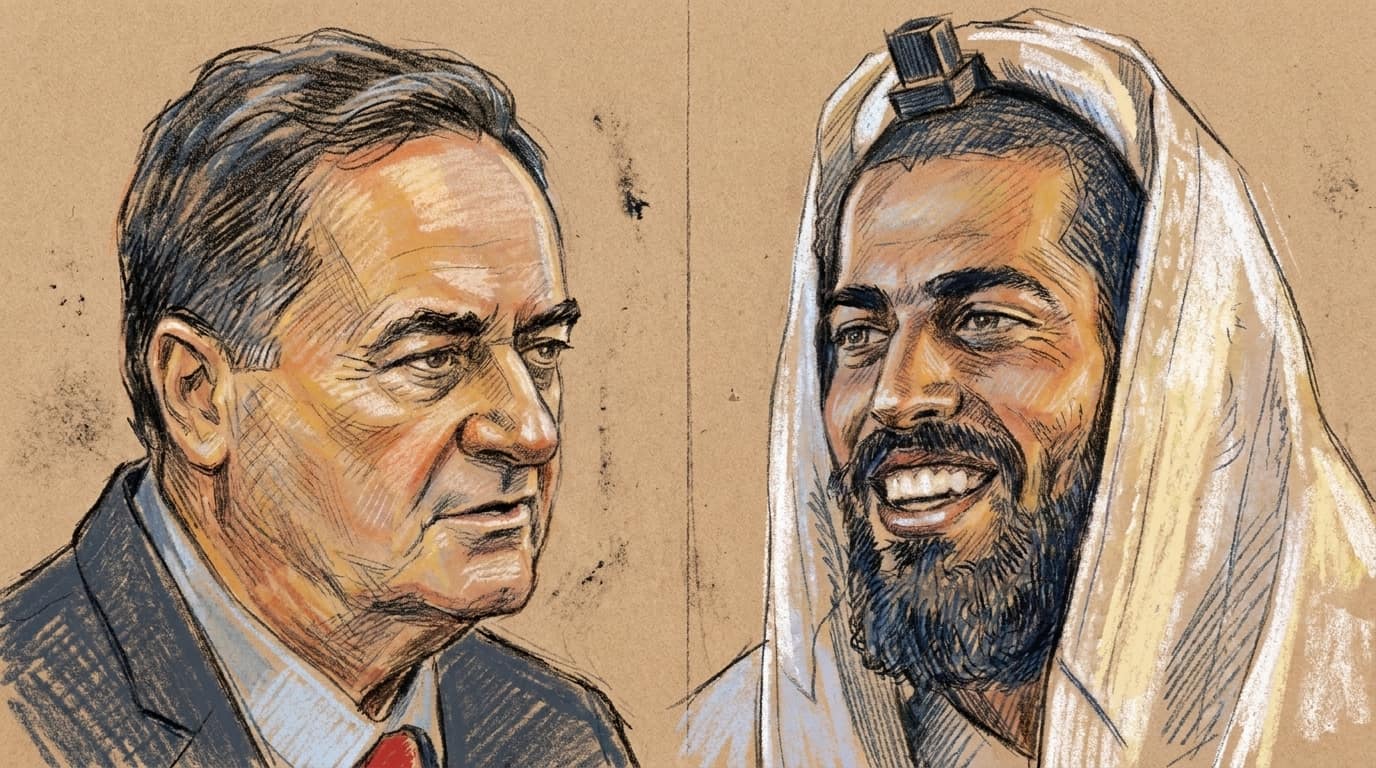 Courtroom-sketch editorial illustration showing Defense Minister Israel Katz in a dark suit beside Tal Yinon Dardik wearing a white prayer shawl and tefillin