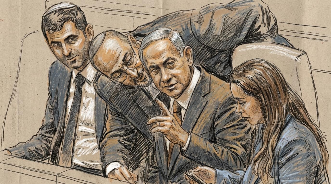 Courtroom-sketch editorial illustration of Prime Minister Benjamin Netanyahu conferring with Likud lawmakers in the Knesset chamber