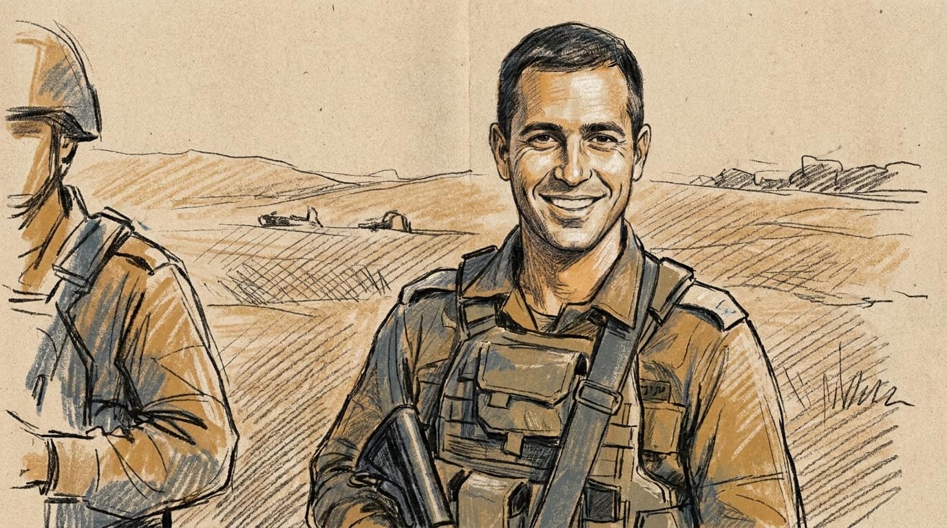 Courtroom-sketch editorial illustration of Maj. Yuval Ezra smiling in military uniform and tactical gear outdoors