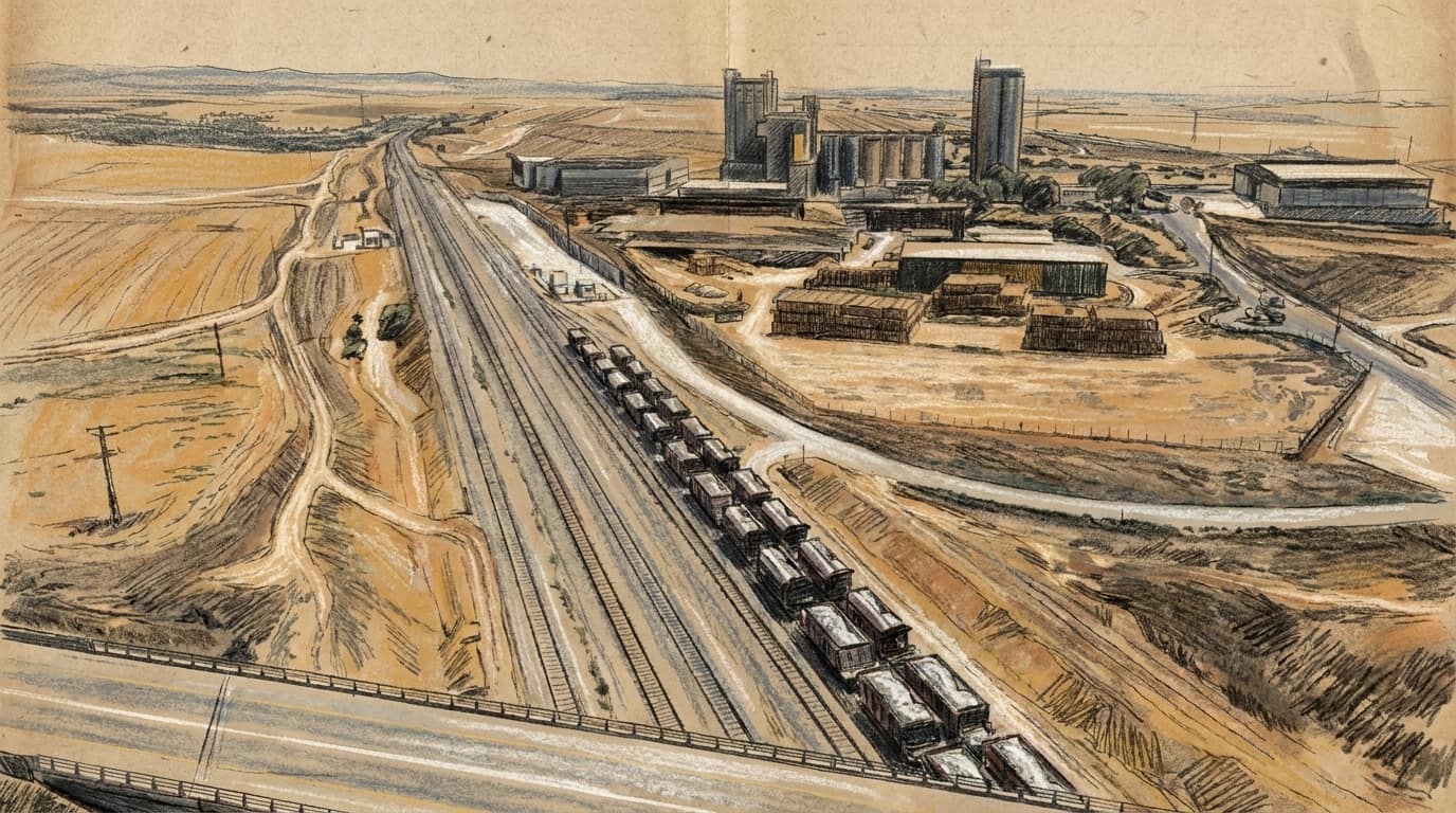Courtroom-sketch editorial illustration of railway tracks, a freight train, grain silos, access roads, and open fields in the Dvira area