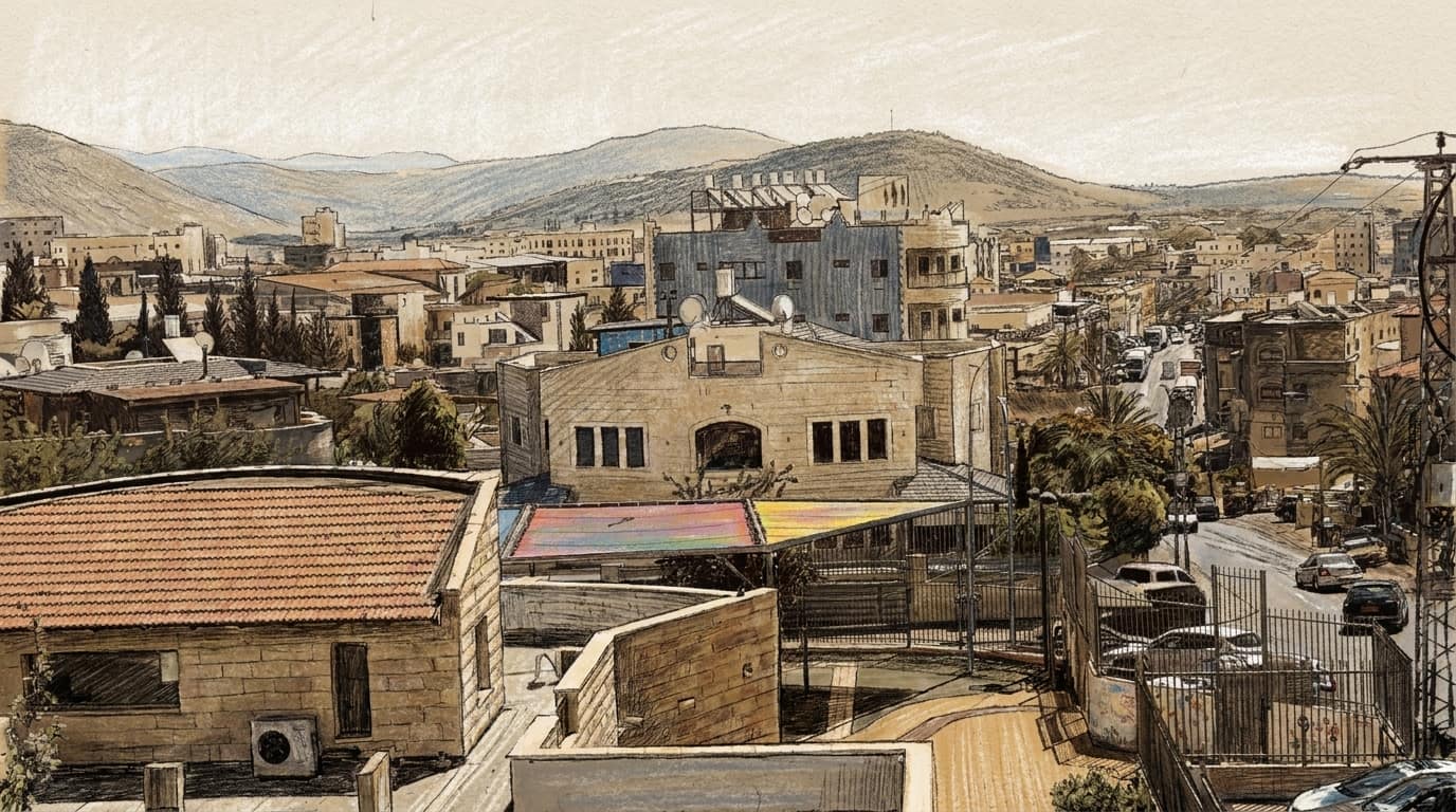 Courtroom-sketch editorial illustration of stone homes and a neighborhood street in Sakhnin with Lower Galilee hills in the background