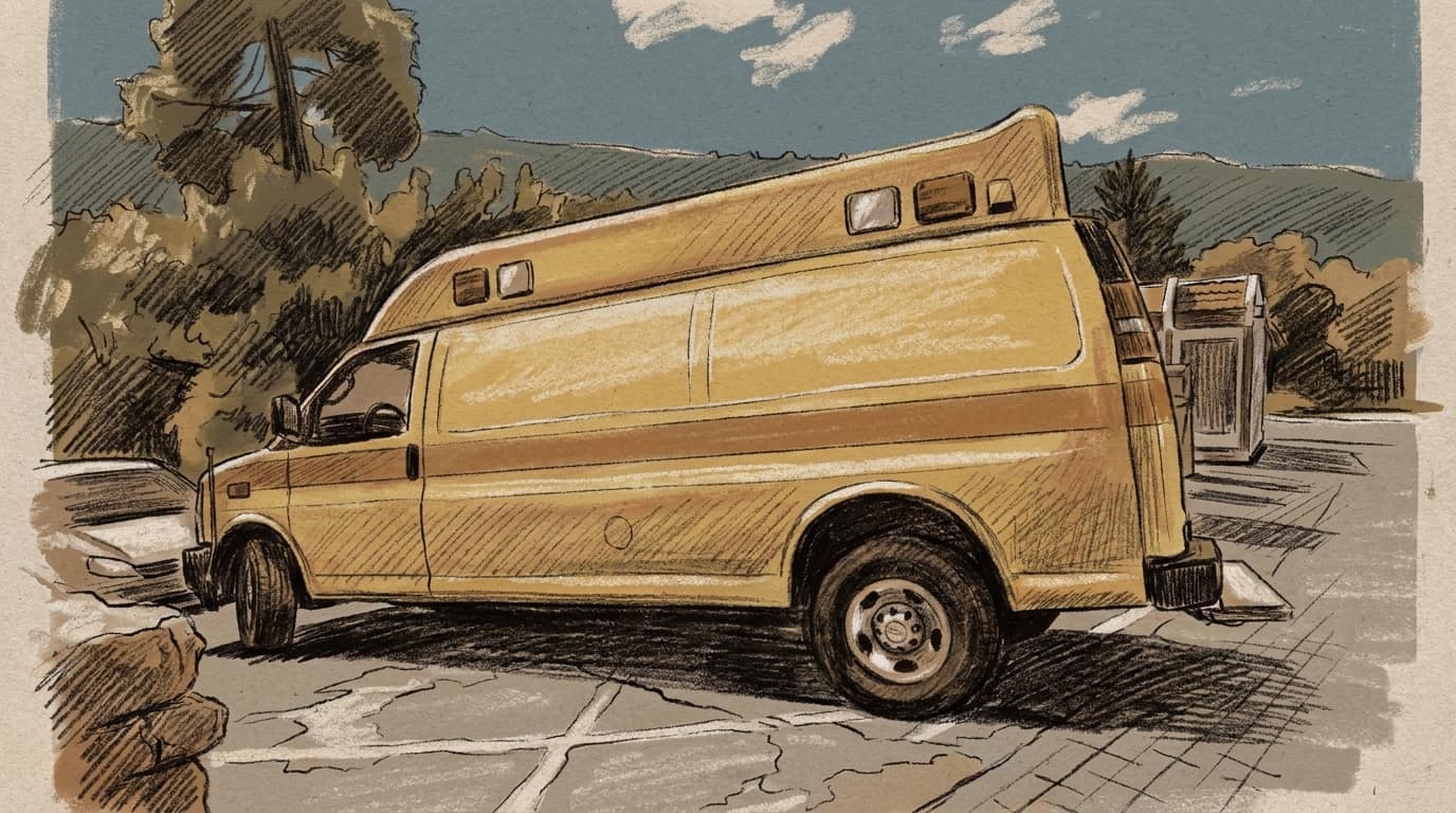 Courtroom-sketch editorial illustration of a yellow Magen David Adom mobile intensive-care ambulance parked outdoors in daylight