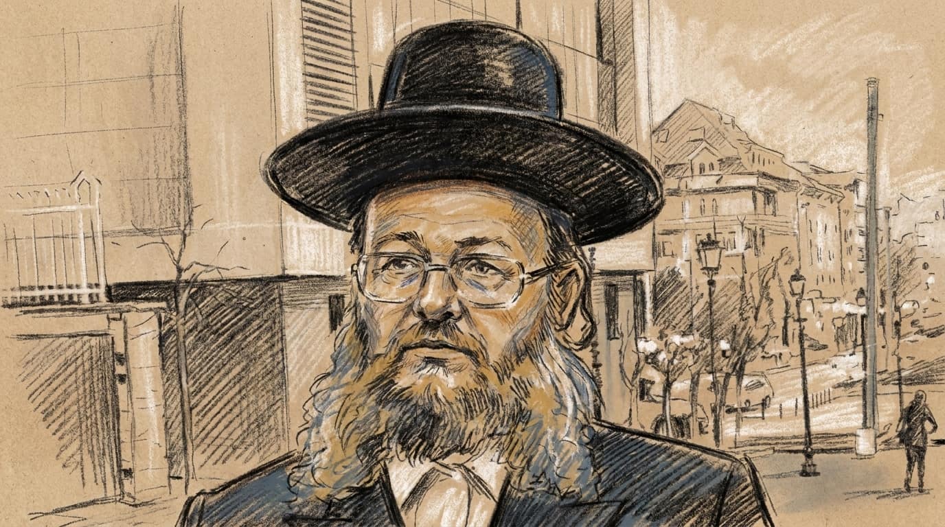 Courtroom-sketch editorial illustration of Rabbi Pinchas Zaltzman in a black hat and dark coat on a city street