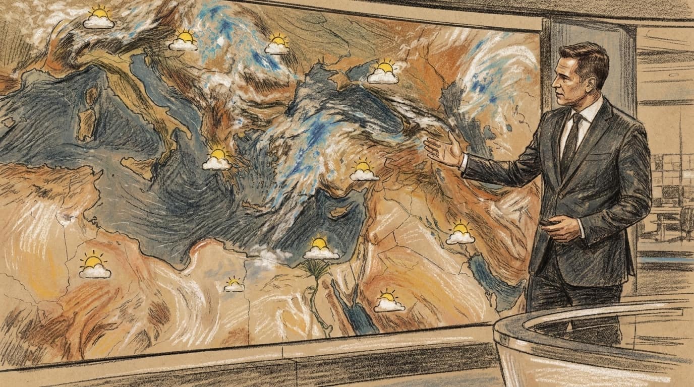 Courtroom-sketch editorial illustration of a weather presenter beside a regional map showing mixed sun, cloud and rain systems over Israel and the eastern Mediterranean